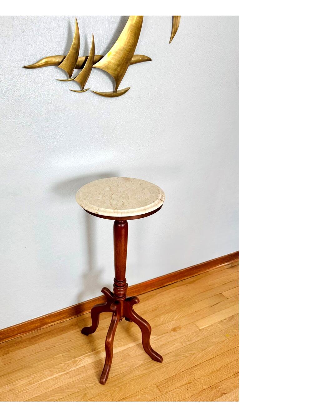 Vintage Italian Marble Top Mahogany Plant Stand Pedestal Table by MDC